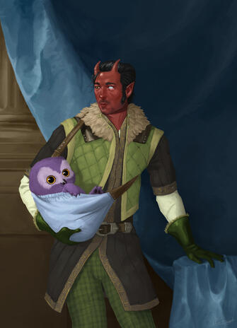 Tiefling Guildmaster with Baby Owlbear